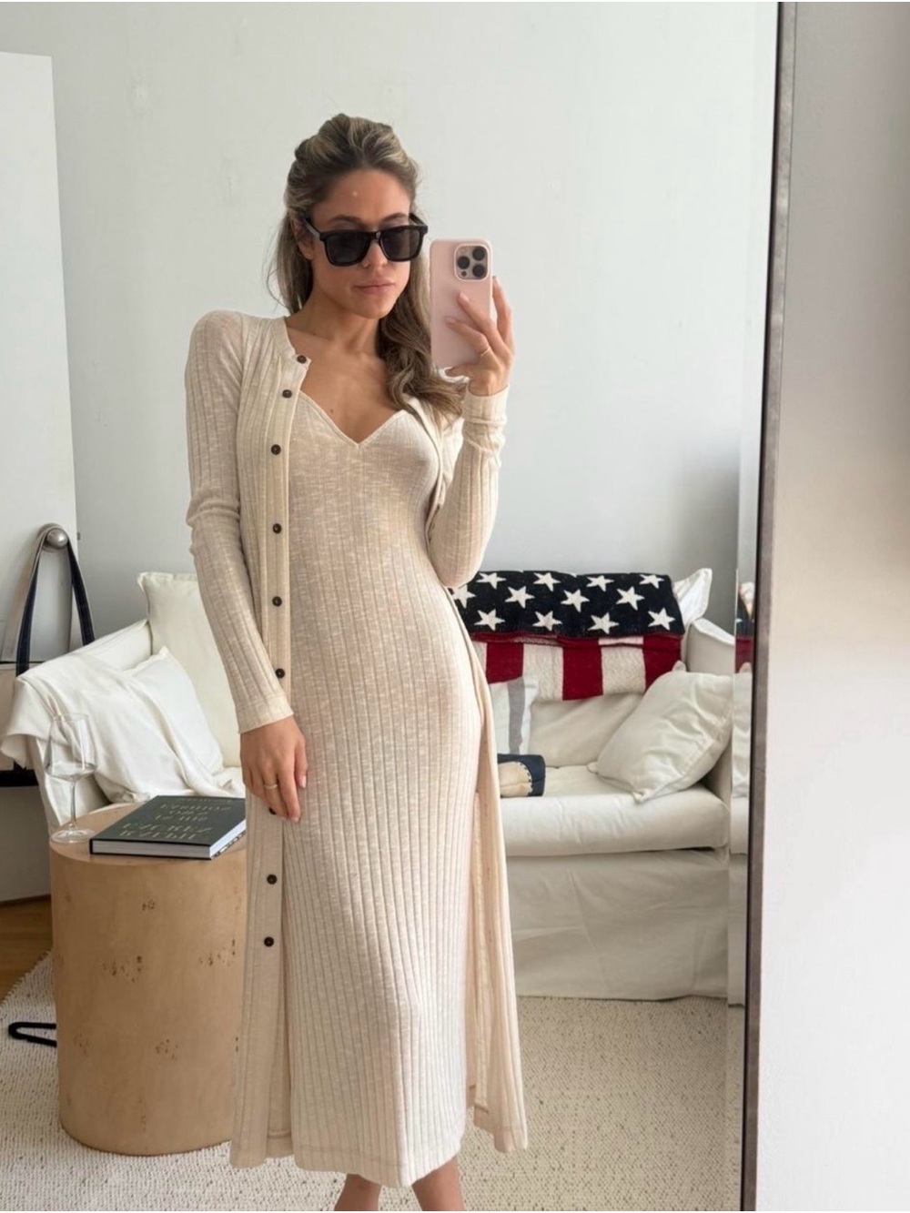 Free People Cream Ribbed V‑Neck Midi Dress and Matching Long Cardigan